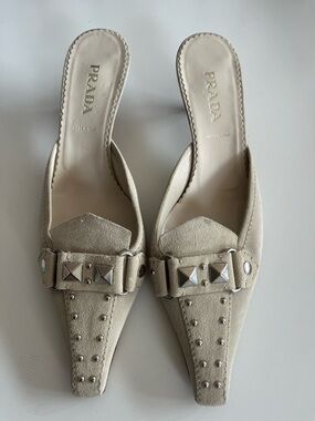 Vintage Prada Cream Suede Studded Pointed Mules